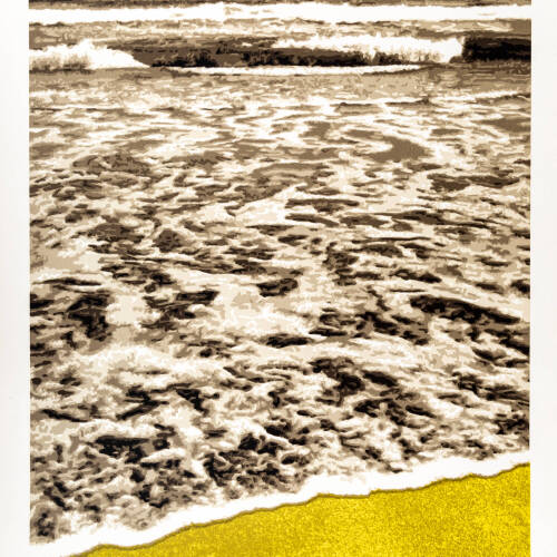 Print of water on a beach.